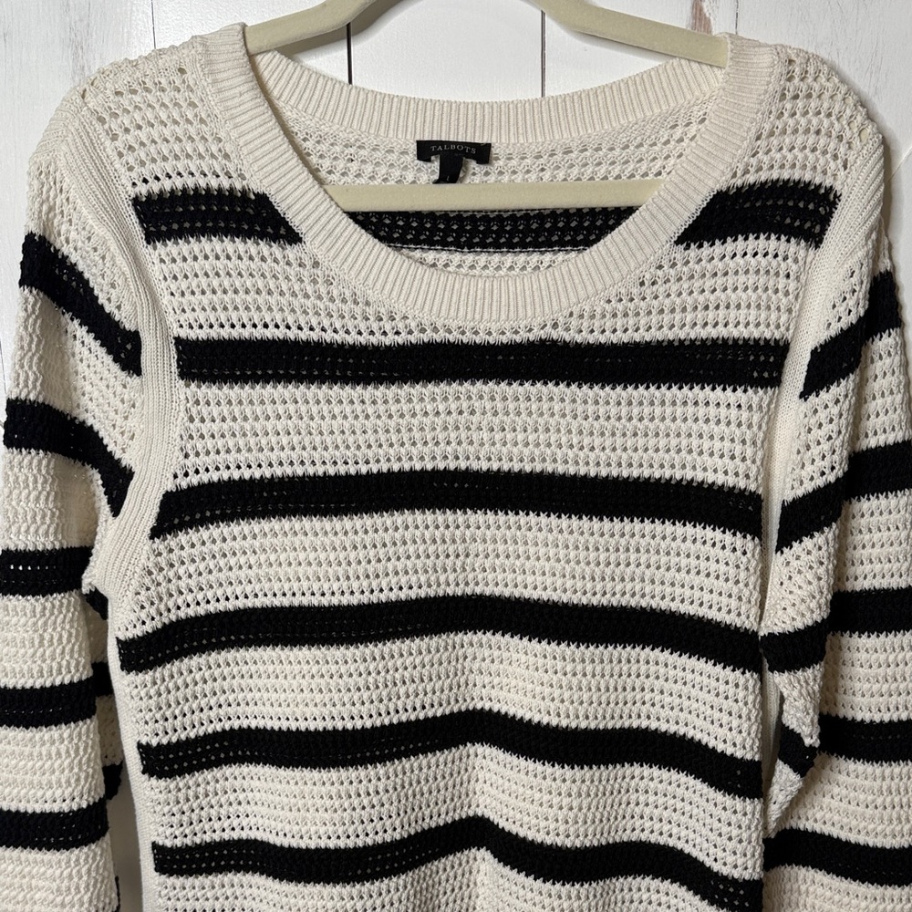 Talbots Black & Cream Open Weave Striped Crewneck Sweater - Picture 3 of 10
